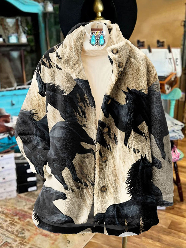 Women's Retro Abstract Warhorse Art Casual Sherpa Coat Cardigan