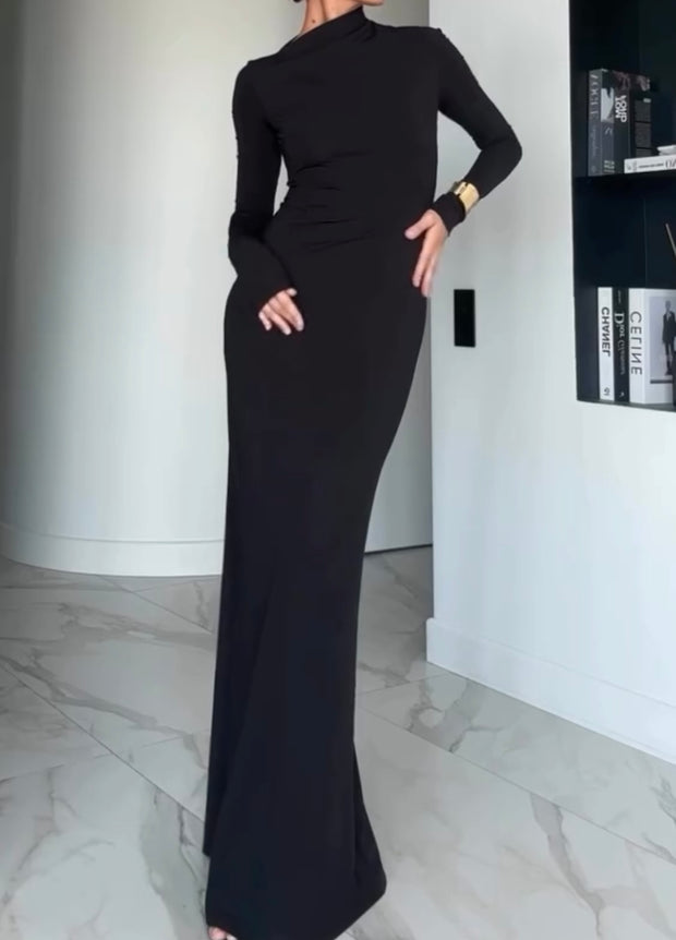 Solid Color Long Sleeve Waist-Tight Sheath Dress