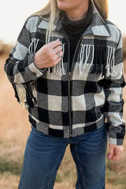 Checked Fringed Zipped Jacket