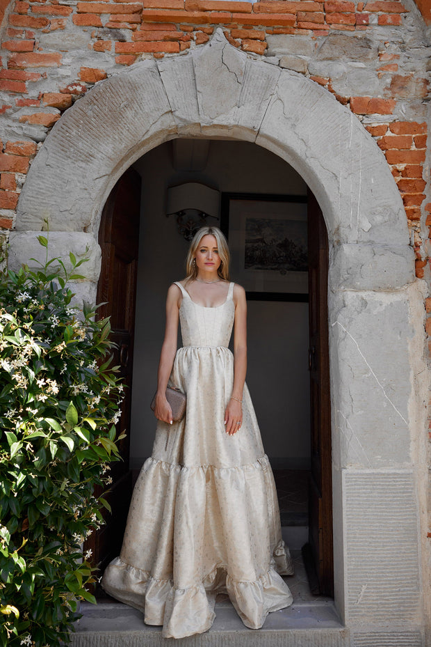 The Avery Dress in Taupe Duchess