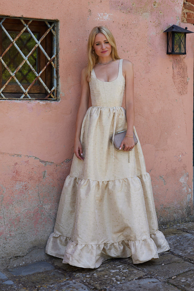 The Avery Dress in Taupe Duchess