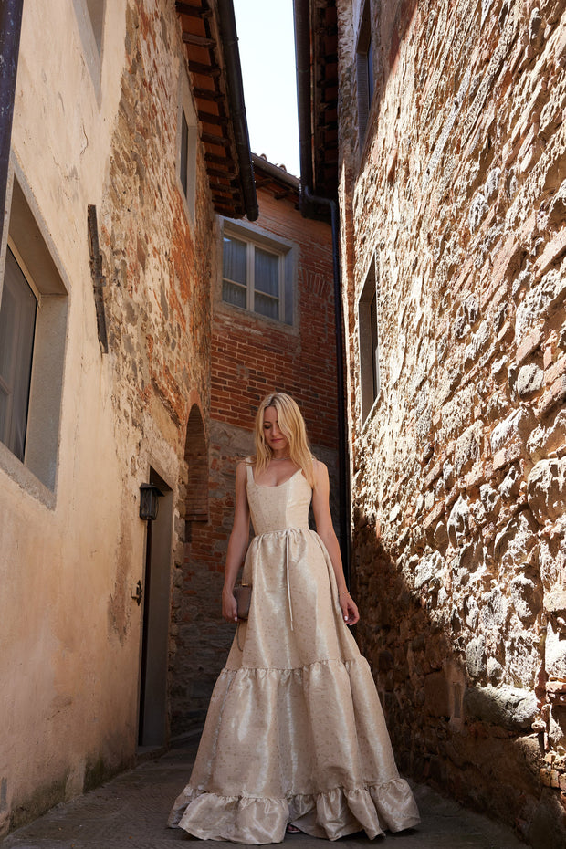 The Avery Dress in Taupe Duchess