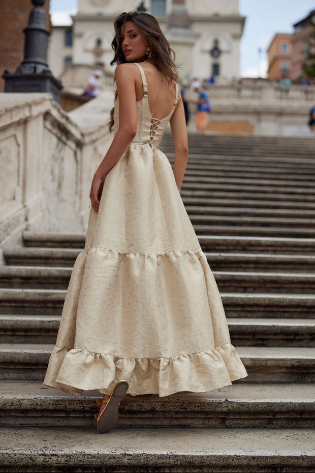 The Avery Dress in Taupe Duchess
