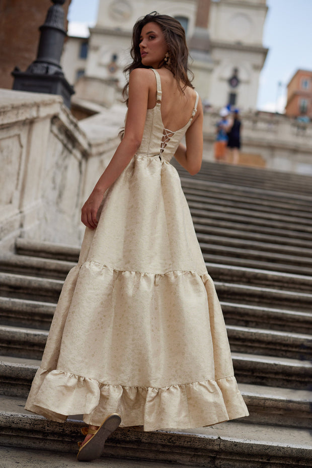 The Avery Dress in Taupe Duchess