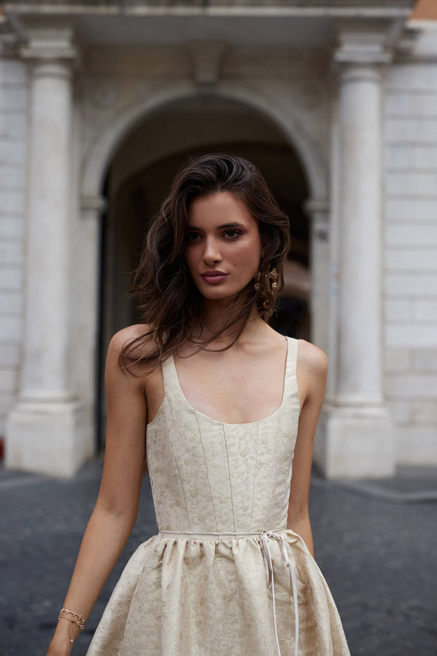 The Avery Dress in Taupe Duchess