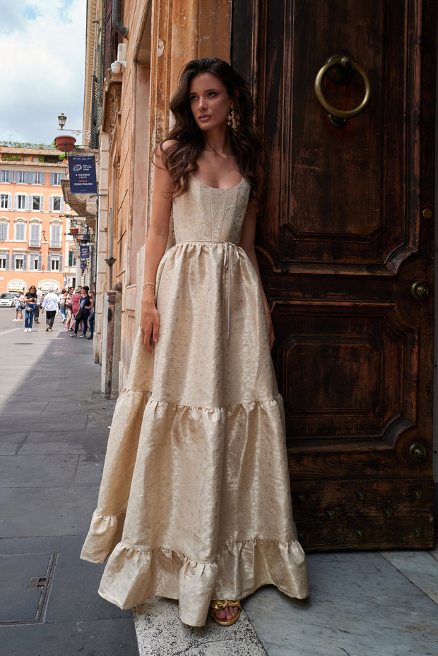 The Avery Dress in Taupe Duchess