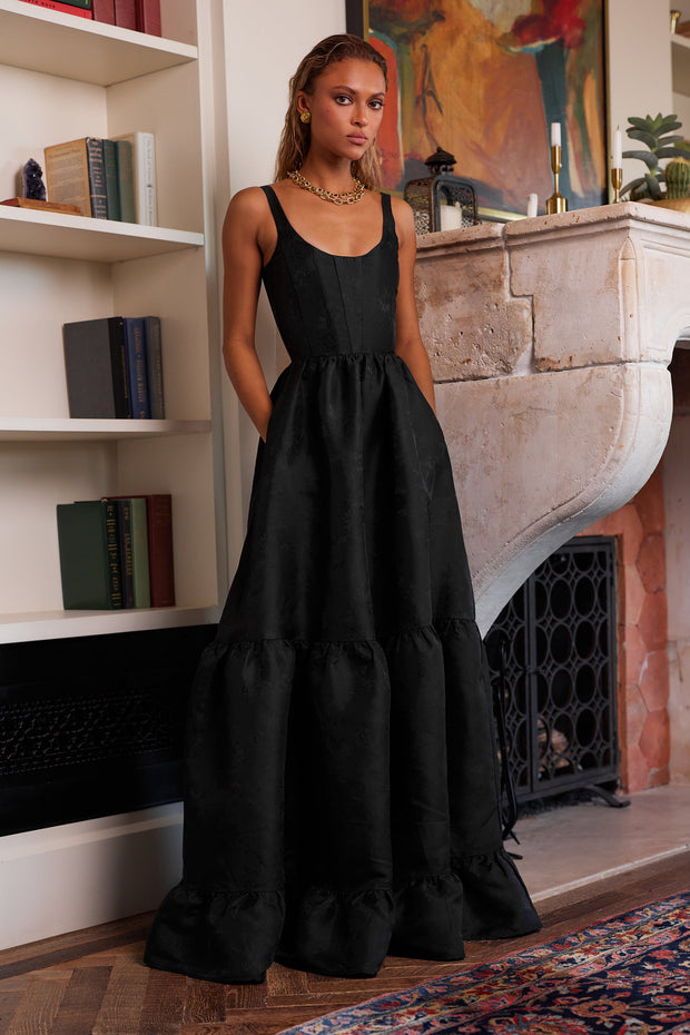 The Avery Dress in Black Windsor Brocade