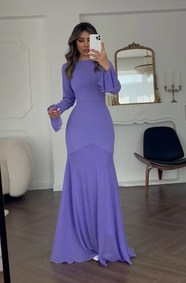 Sexy round Neck Long Sleeve Slim Chiffon Dress