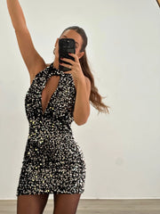 Sexy Backless Halter Hollow-out Slim-Fit Shiny Dress