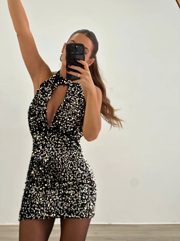 Sexy Backless Halter Hollow-out Slim-Fit Shiny Dress