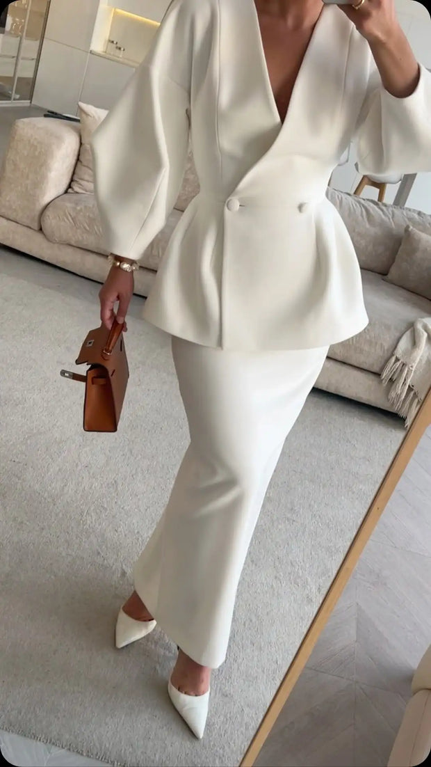 Sexy Temperament Low-Cut Button Two-Piece Skirt Suit