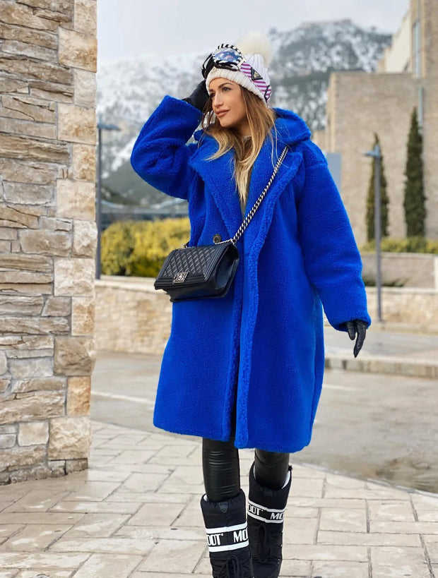 Blue Cardigan Fashionable Warm Winter Plush Coat