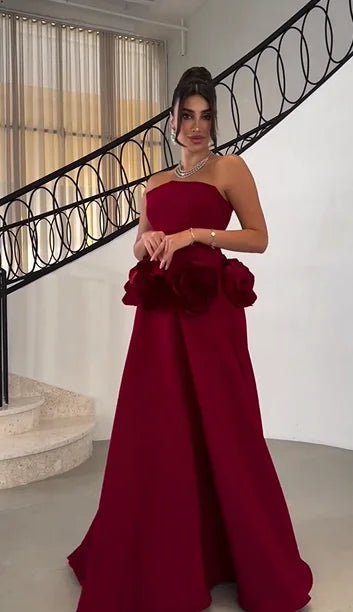 Sexy Cold-Shoulder Sleeveless Bandeau Slim-Fit Rose Evening Dress