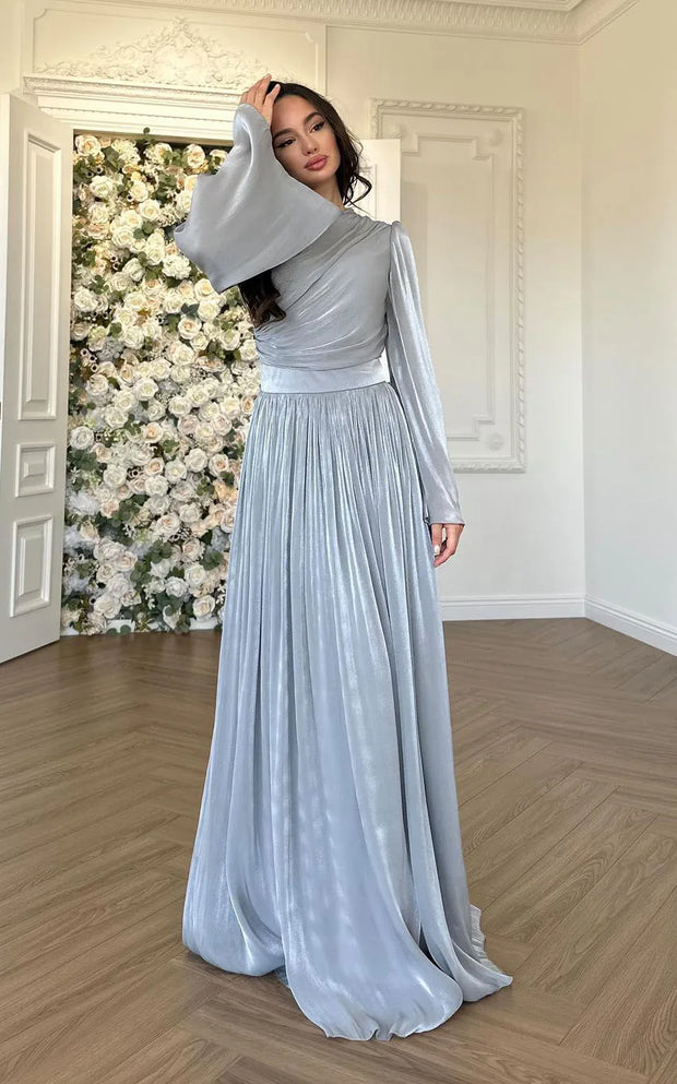 Sexy round Neck Loose Long Sleeves Cinched Pleated Silk Dress