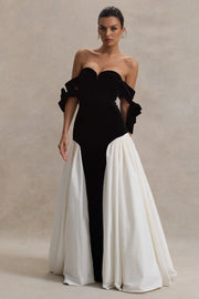 Sexy Sleeveless Cold-Shoulder Bandeau Slim-Fit Black and White Color Contrast Patchwork Dress