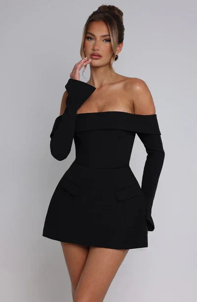 Sexy Long Sleeve off-the-Shoulder Slim Solid Color Elegant A- line Skirt