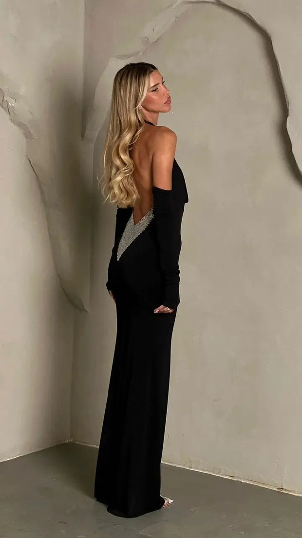 Sexy Super Deep V-neck Slim-Fit Backless Shiny Half Sleeve Dress