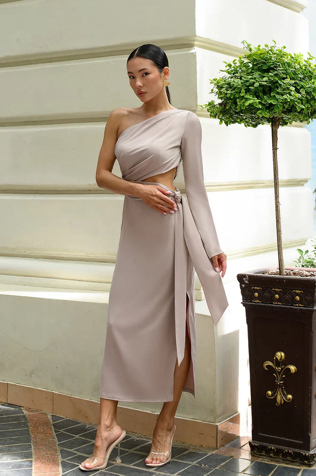 Sexy Oblique Shoulder Long Sleeve Hollow-out Elegant Dress