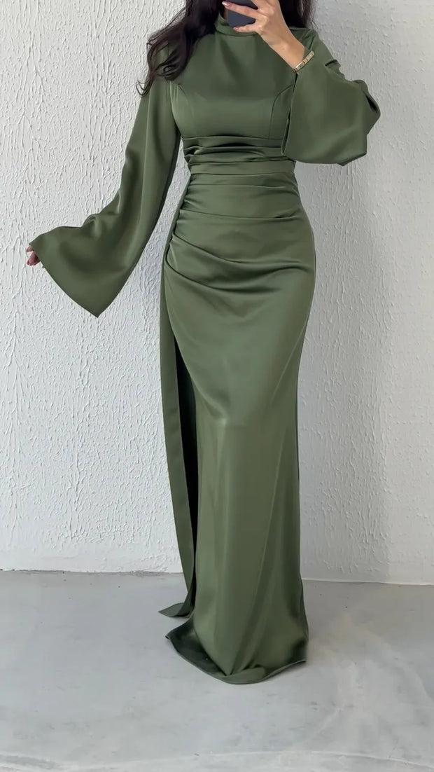 Sexy round Neck Long Sleeve Slim-Fit Slit Solid Color Dress