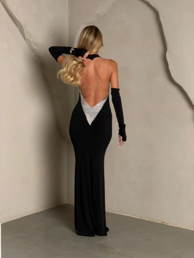 Sexy Super Deep V-neck Slim-Fit Backless Shiny Half Sleeve Dress