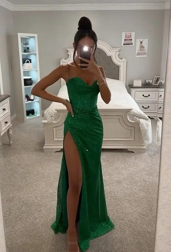 Sexy Camisole Slim Tube Top High Slit Shiny Evening Dress