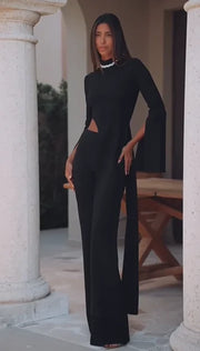 Sexy Slit Long Sleeve round Neck Slim Long Blouse and Pants