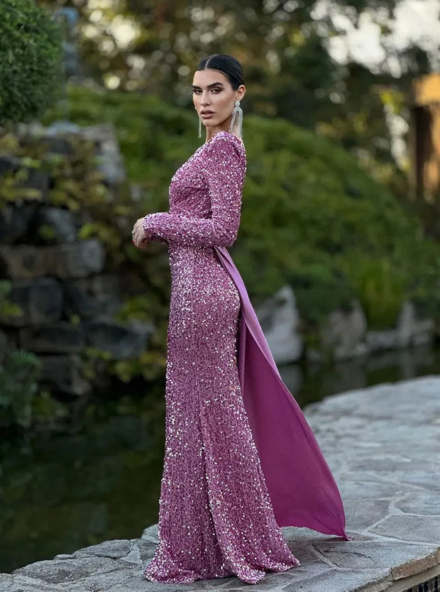 Sexy Long Sleeve Shiny Slim-Fit Luxury Evening Dress