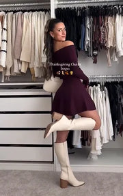 Sexy Long Sleeve off-the-Shoulder Slim Fit Cute Mini Skirt