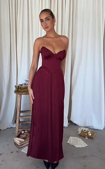 Sexy Sleeveless Cold-Shoulder Bandeau Slim-Fit Pleated Dress