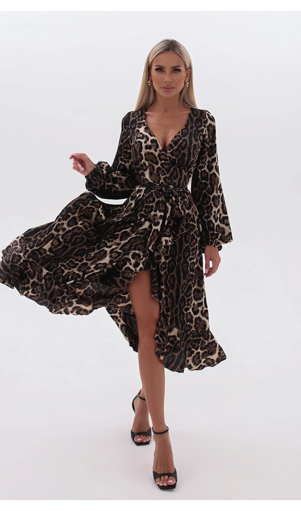 Wild Wild Long Sleeve Deep V Leopard Print Dress