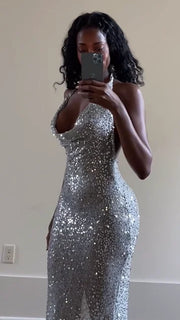 Sexy Sling Deep V-neck Slim-Fit Shiny Dress