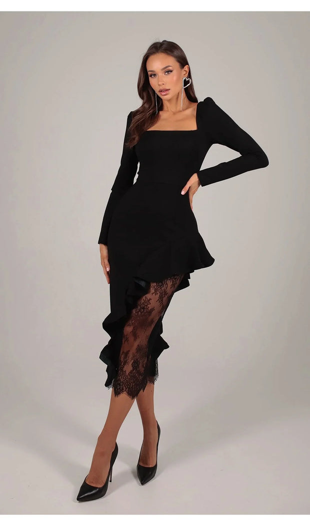 Sexy Elegant Long Sleeve U-Neck Slim-Fit Wooden Ear Lace Dress