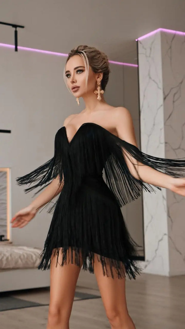 Sexy off-the-Shoulder Tassel Deep V-neck Slim-Fit Dress