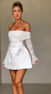 Sexy Long Sleeve off-the-Shoulder Tube Top Lace A- line Dress