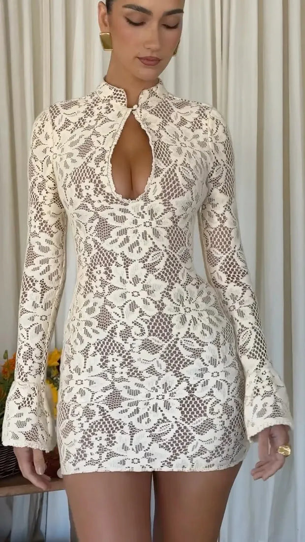 Sexy Temperament Long Sleeve Hollow Flower Mesh Slim Fit Dress