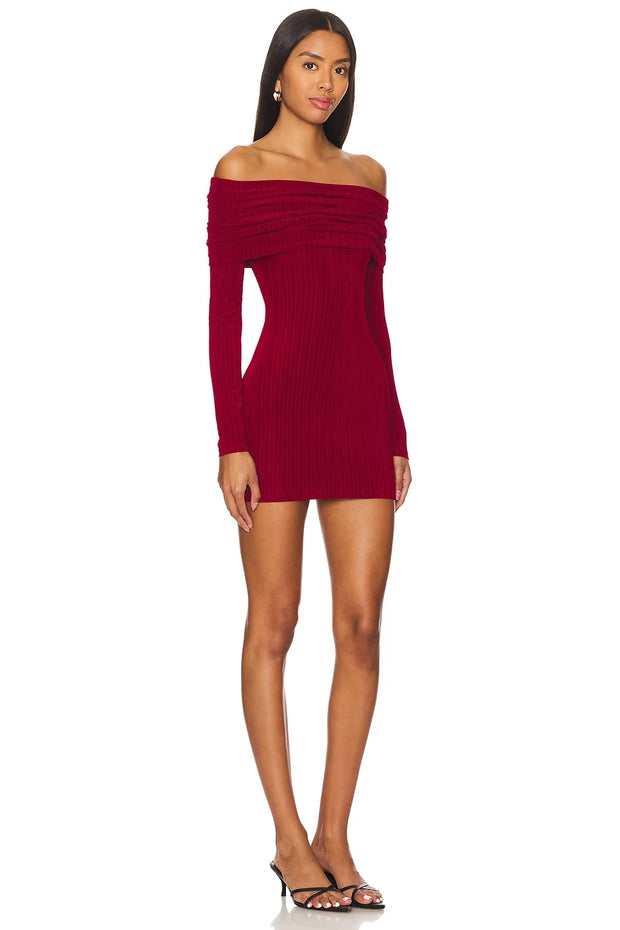 Sexy Knitted off-the-Shoulder Long Sleeve Slim Mini Hot Girl Dress