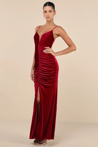 Sexy Sling Deep V Pleated Front Slit Dress