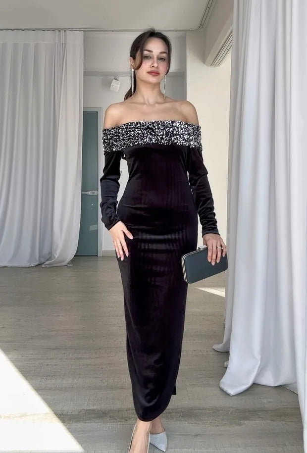 Sexy Long Sleeve off-the-Shoulder Rhinestone Bandeau Slim-Fit Dress