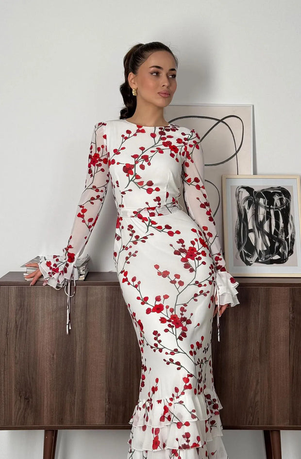 Sexy round Neck Mesh Long Sleeve Slim Print Dress