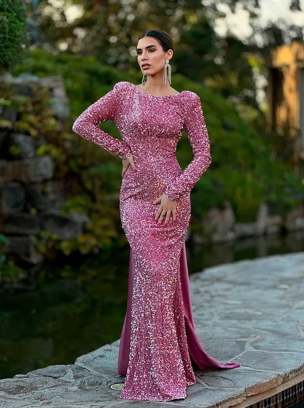 Sexy Long Sleeve Shiny Slim-Fit Luxury Evening Dress