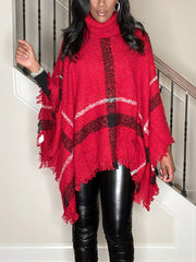 Plaid Tassel Turtleneck Cape Shawl