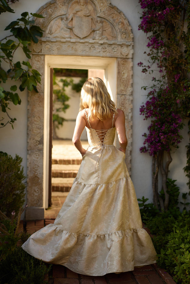The Lucetta Dress in Taupe Windsor Brocade