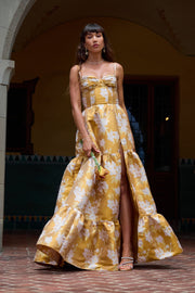 The Lucetta Dress in Gold Baroque Floral