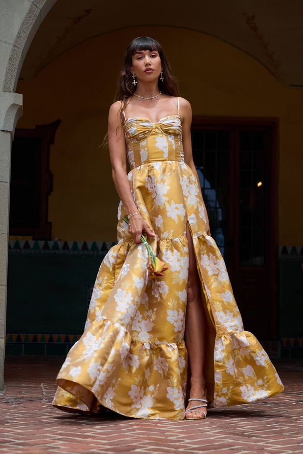 The Lucetta Dress in Gold Baroque Floral