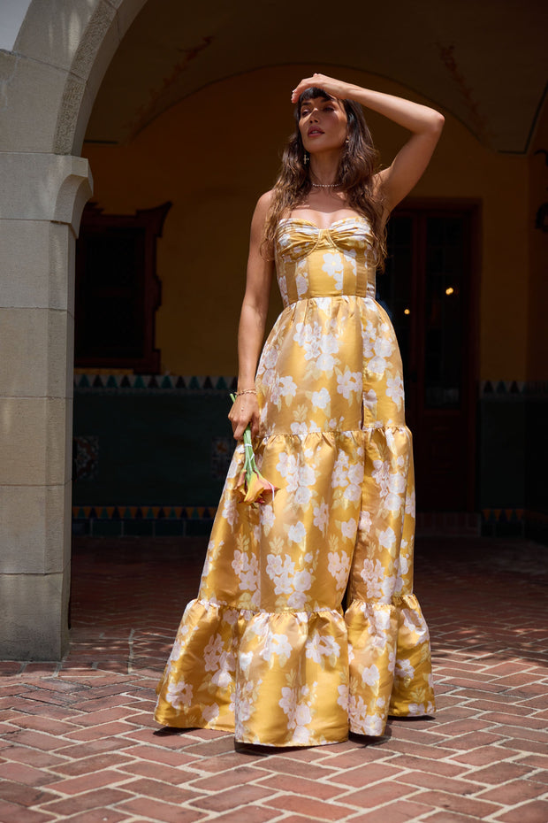The Lucetta Dress in Gold Baroque Floral
