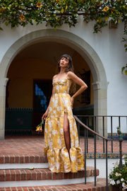 The Lucetta Dress in Gold Baroque Floral