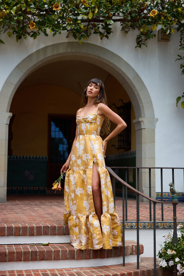The Lucetta Dress in Gold Baroque Floral