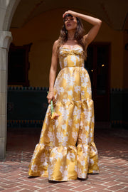 The Lucetta Dress in Gold Baroque Floral