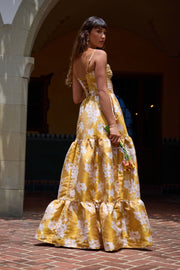 The Lucetta Dress in Gold Baroque Floral