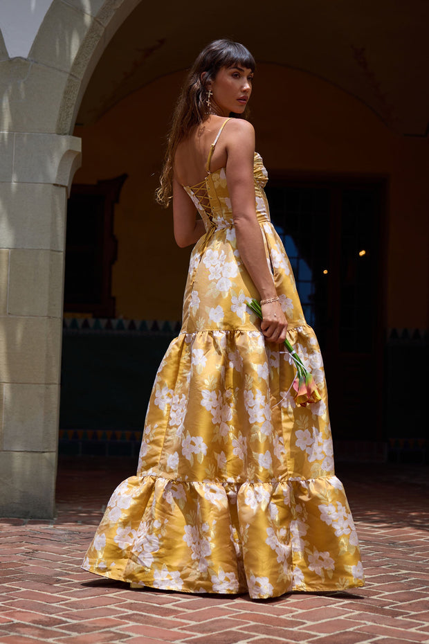 The Lucetta Dress in Gold Baroque Floral